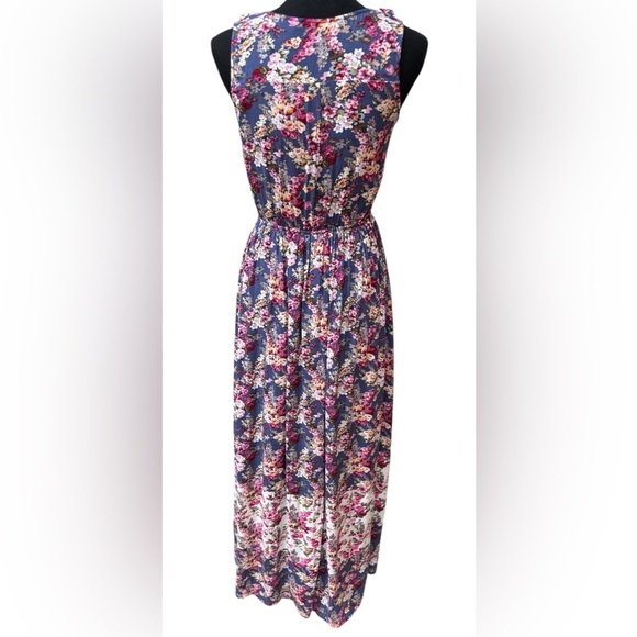 DOE & RAE BLUE/PINK FLORAL SLEEVELESS RUFFLE V-NECK CRUISE WEAR MAXI DRESS SZ S - Picture 4 of 9